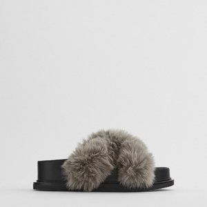 Zara Faux Fur Low Heel Platform Sandals